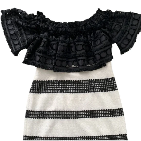 Nwot Badgley Mischka Black/White Off Shoulder Fringed Shortsleeve Ruffle Dress - Picture 17 of 17